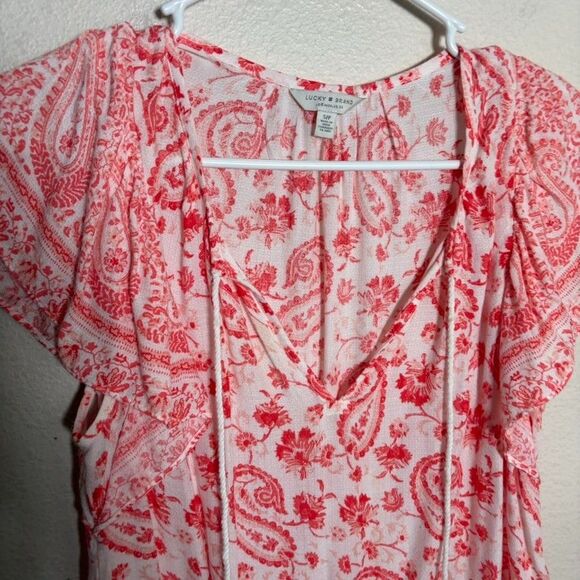 Lucky Brand Blouse Women's Small Pink Paisley V-Neck Ruffle Boho Shirt Top - Picture 2 of 8
